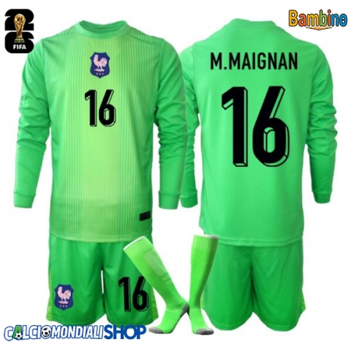Maglie da calcio Francia Mike Maignan #16 Portiere Seconda Maglia Bambino Mondiali 2026  Manica Lunga + Pantaloni corti)